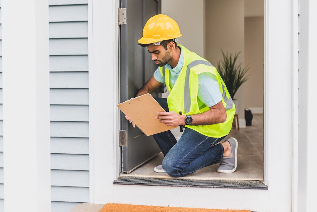 Why Cape Coral Homeowners Should Care About Building Code Compliance 2 A home inspector wearing safety gear examines a house interior for safety compliance.